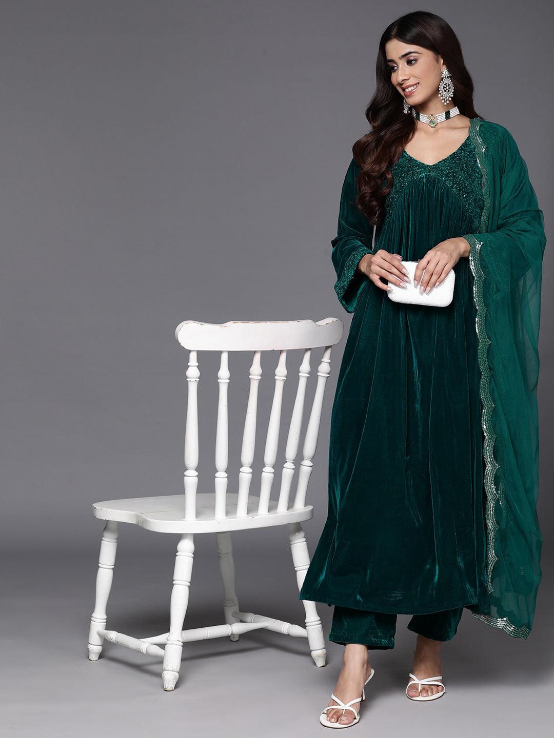 Green Embroidered Velvet A-Line Kurta With Trousers & Dupatta - ShopLibas 
