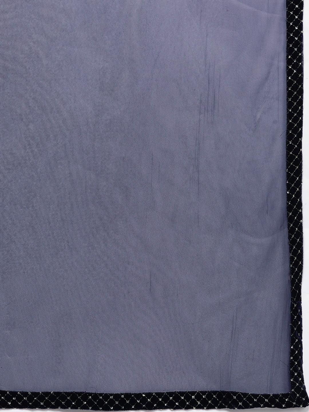 Blue Embroidered Velvet Anarkali Kurta With Trousers & Dupatta - ShopLibas