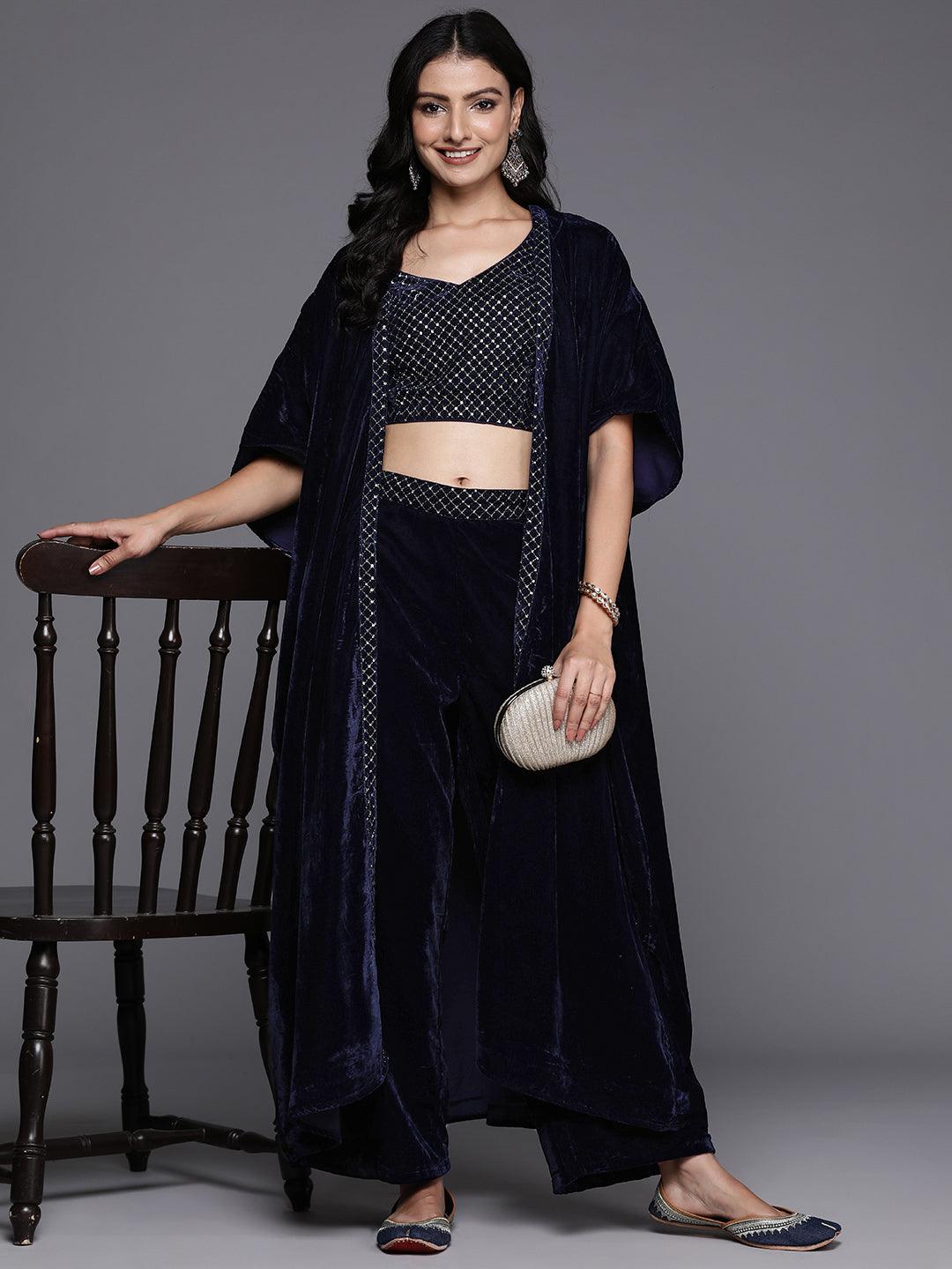 Blue Solid Velvet Top With Palazzos - ShopLibas