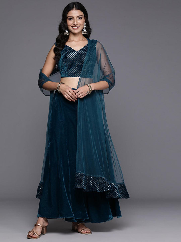 Blue Embellished Velvet Top With Palazzos & Dupatta - ShopLibas