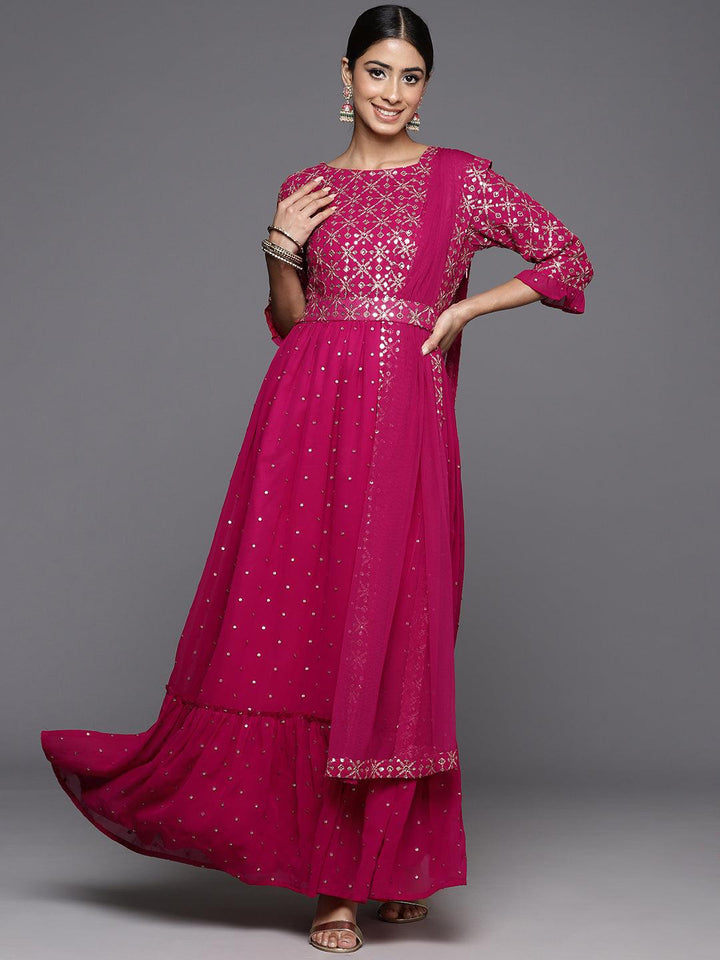 Pink Embroidered Georgette Anarkali Kurta With Trousers & Dupatta - ShopLibas