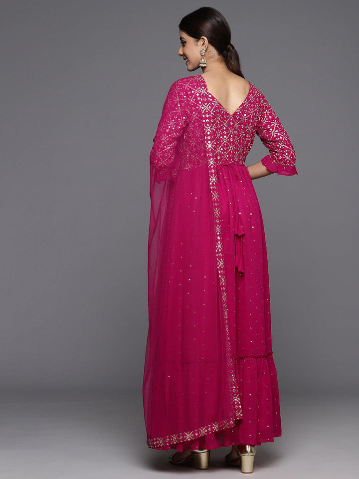 Pink Embroidered Georgette Anarkali Kurta With Trousers & Dupatta - ShopLibas