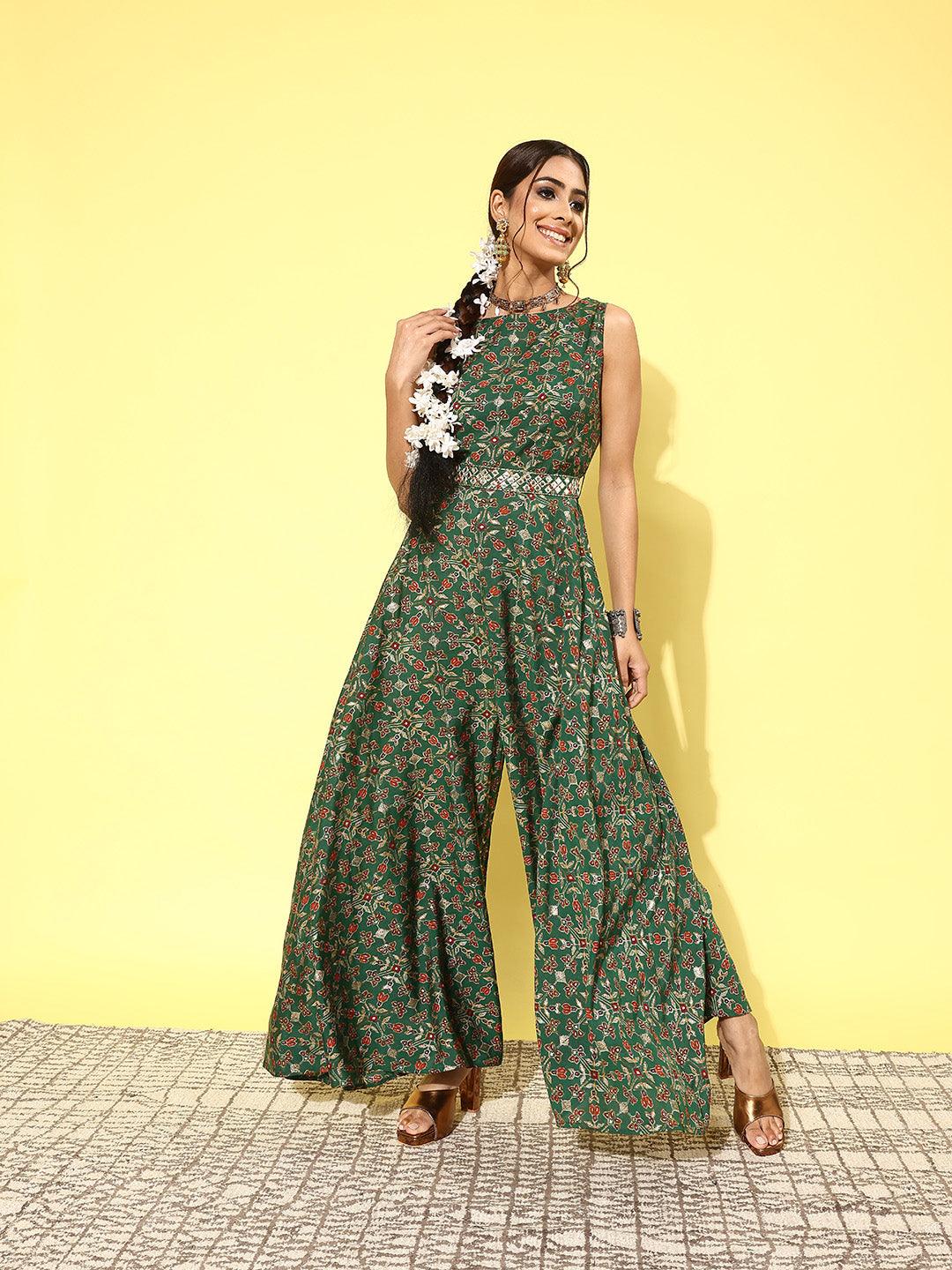 Green Printed Silk Blend Jumpsuit With belt - ShopLibas