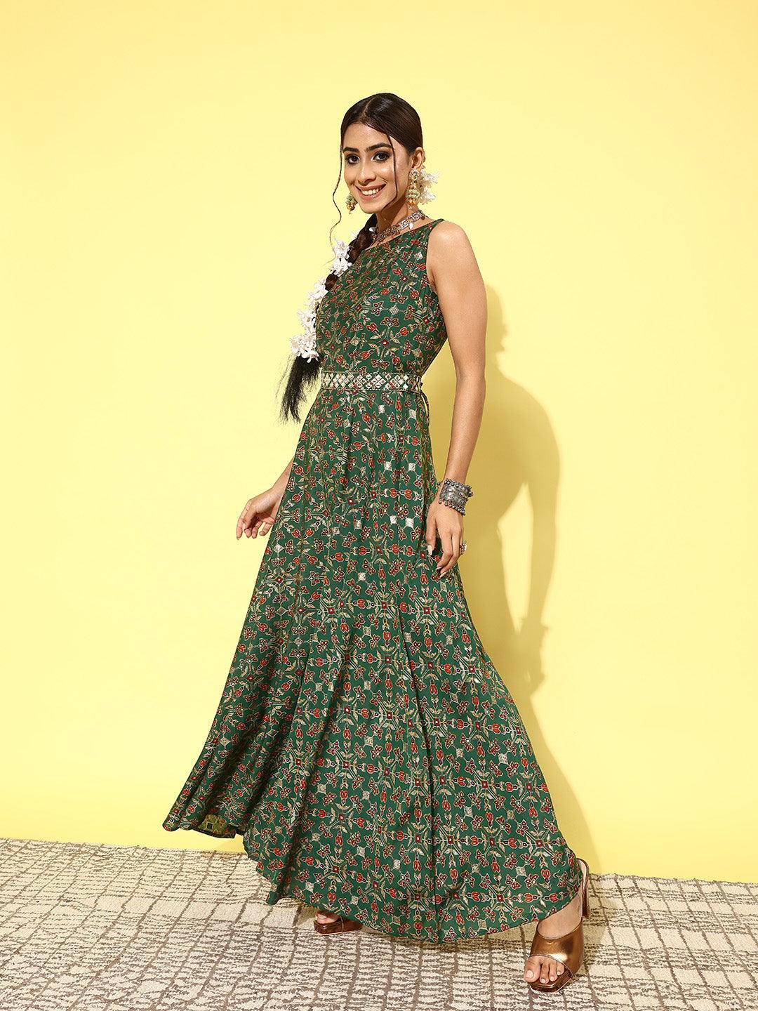 Green Printed Silk Blend Jumpsuit With belt - ShopLibas