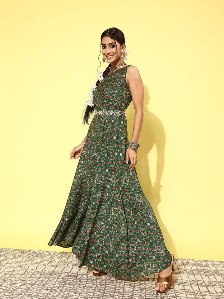 Green Printed Silk Blend Jumpsuit With belt - ShopLibas