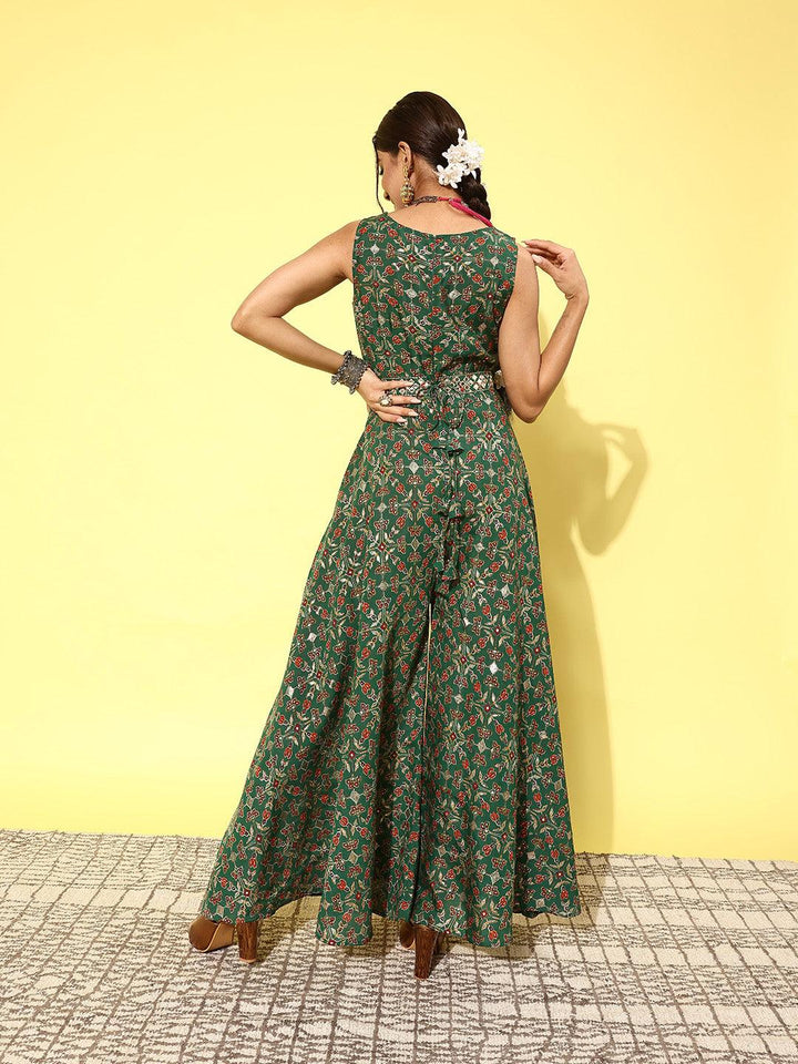 Green Printed Silk Blend Jumpsuit With belt - ShopLibas