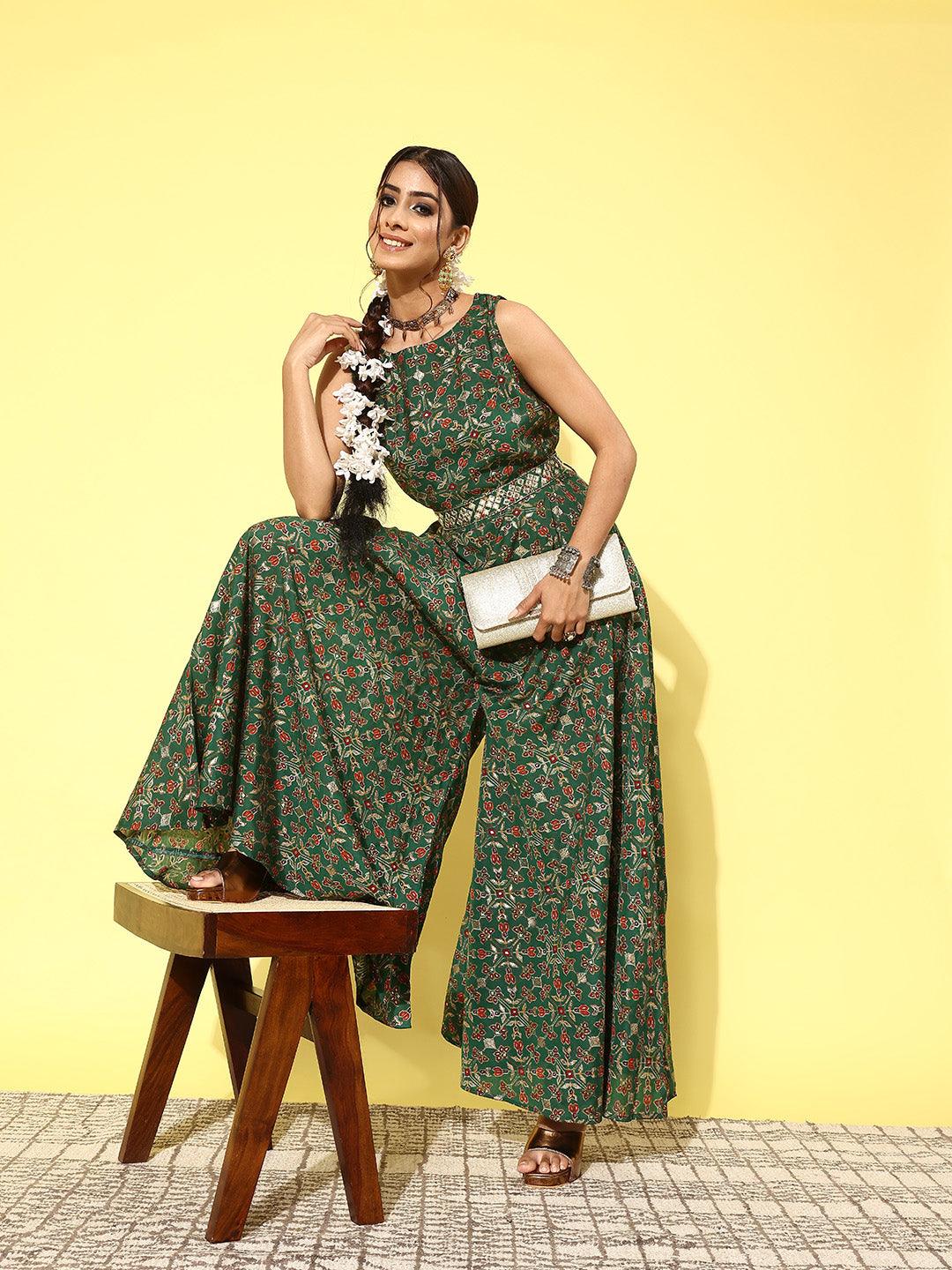 Green Printed Silk Blend Jumpsuit With belt - ShopLibas