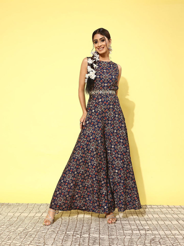 Blue Printed Silk Blend Jumpsuit With Belt - ShopLibas
