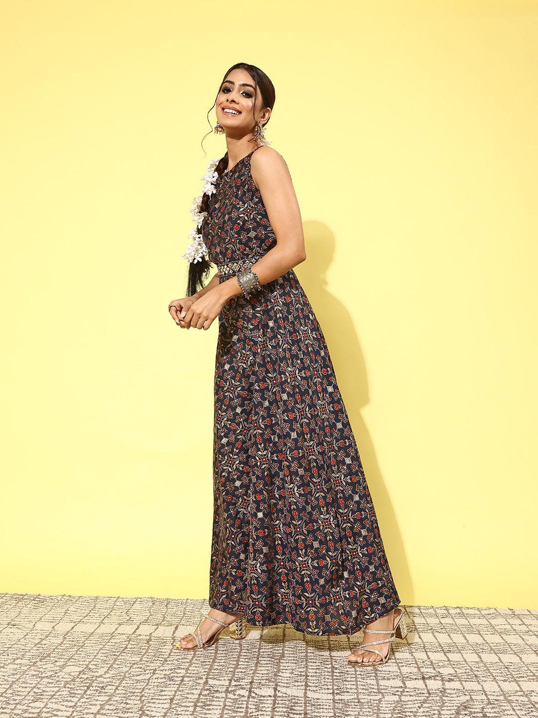 Blue Printed Silk Blend Jumpsuit With Belt - ShopLibas
