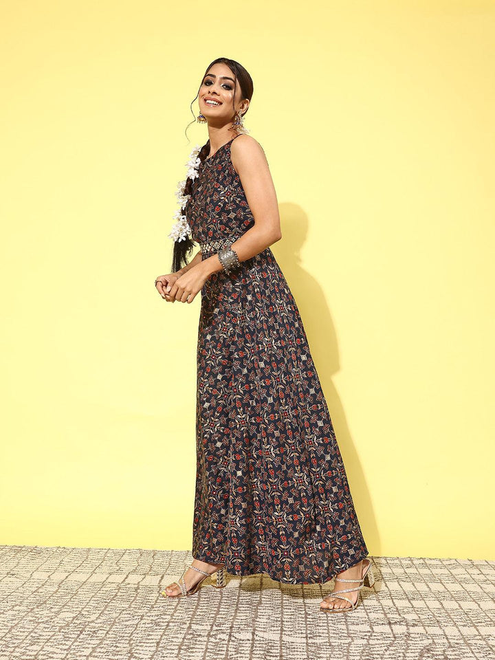 Blue Printed Silk Blend Jumpsuit With Belt - ShopLibas