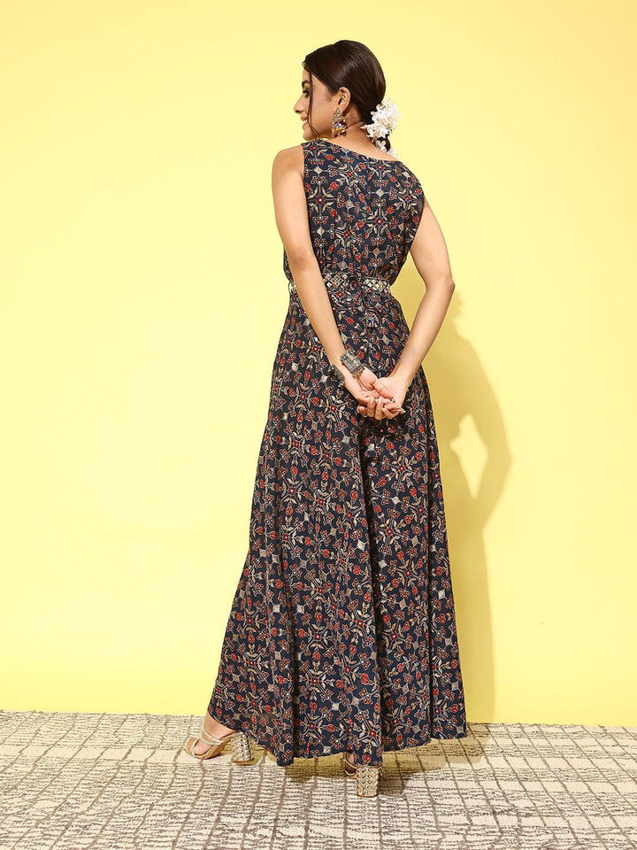 Blue Printed Silk Blend Jumpsuit With Belt - ShopLibas
