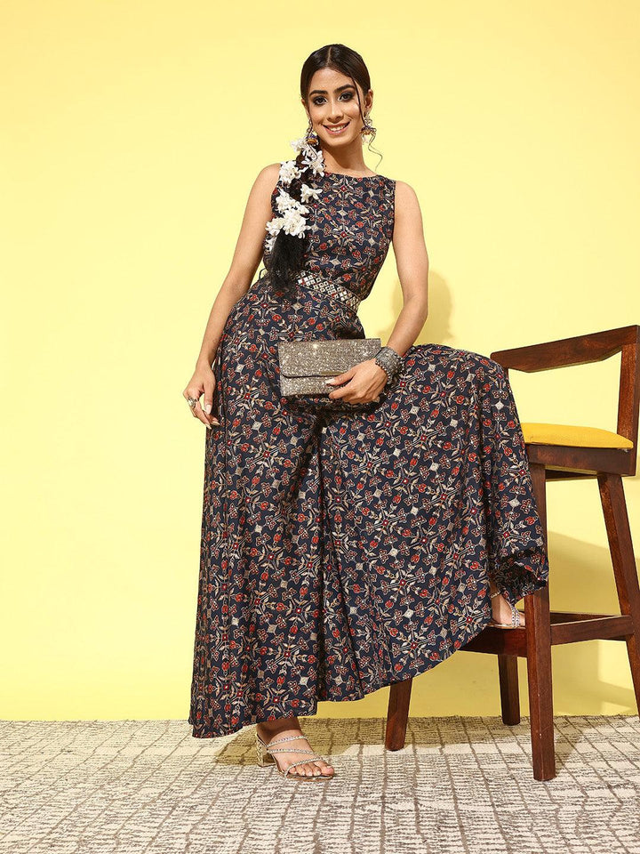 Blue Printed Silk Blend Jumpsuit With Belt - ShopLibas
