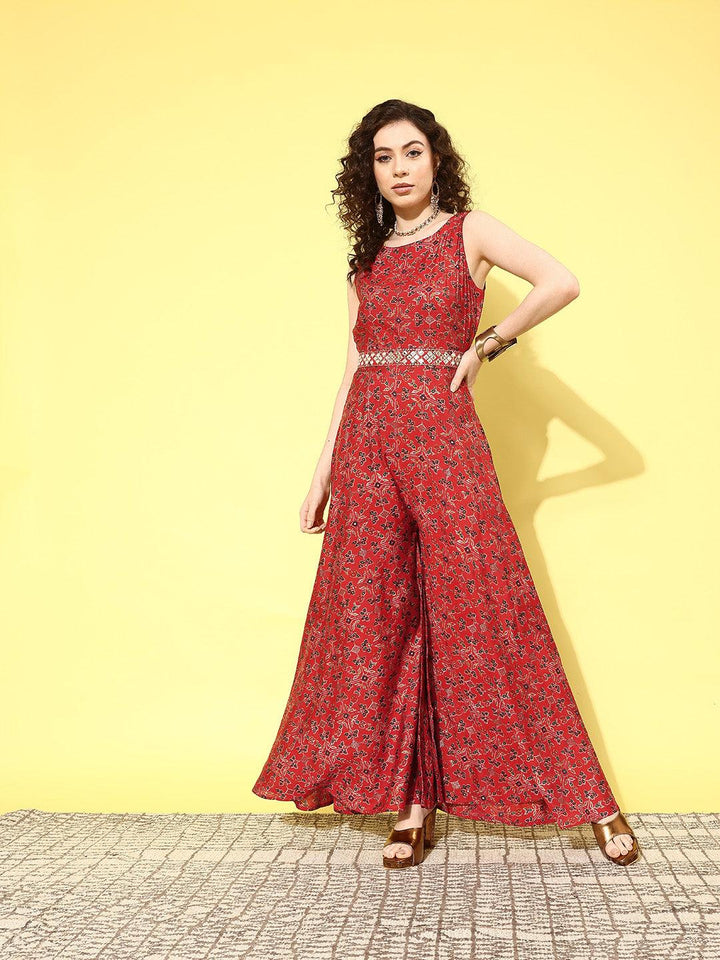 Red Printed Silk Blend Jumpsuit With Belt - ShopLibas