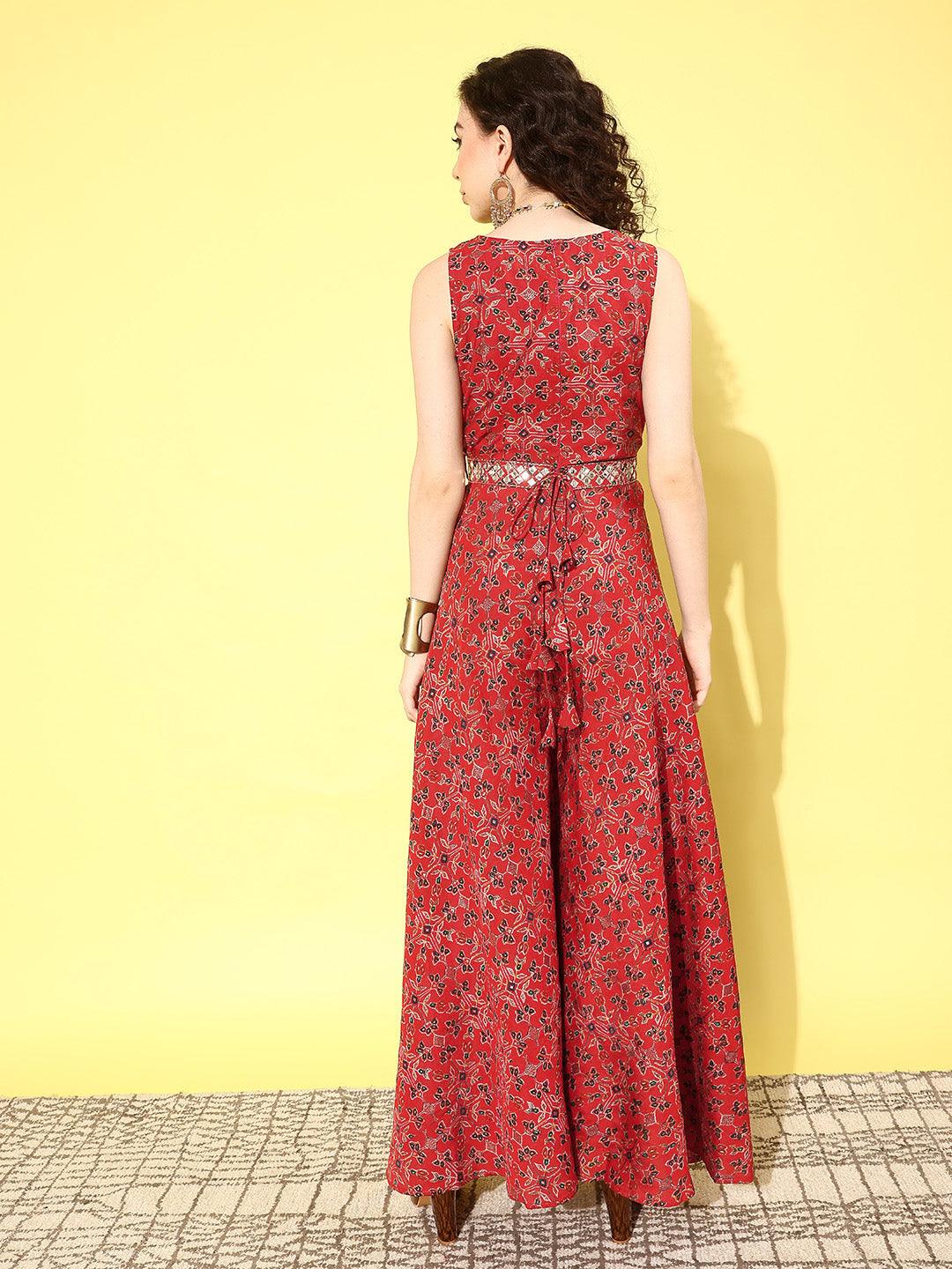Red Printed Silk Blend Jumpsuit With Belt - ShopLibas