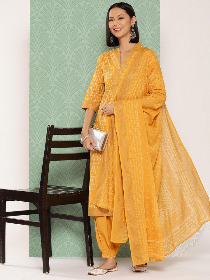 Mustard Printed Cotton Straight Kurta With Salwar & Dupatta - ShopLibas