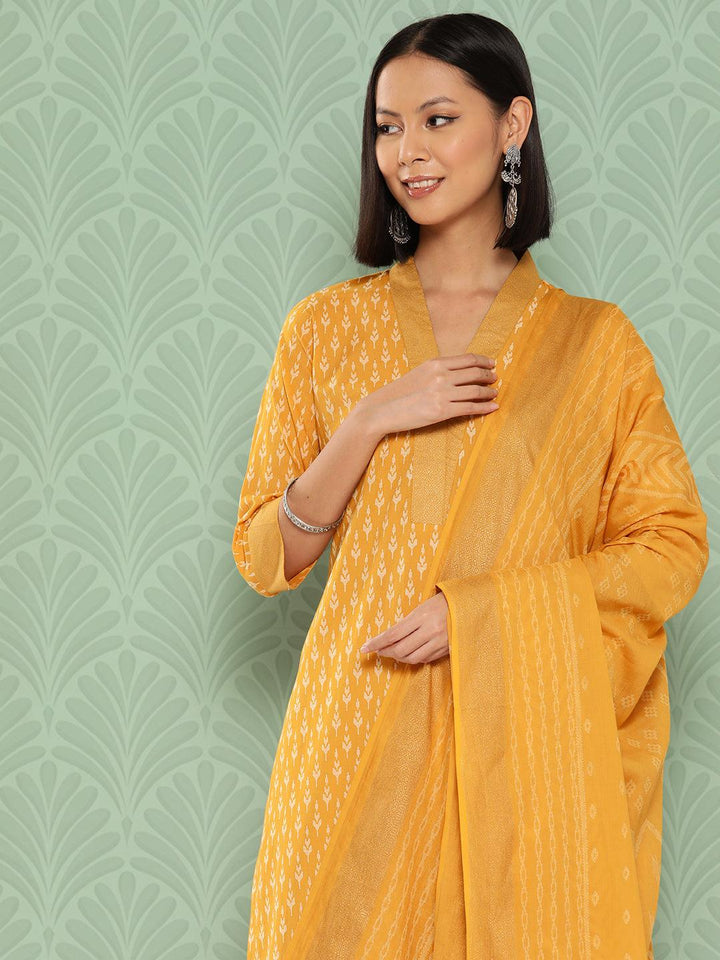 Mustard Printed Cotton Straight Kurta With Salwar & Dupatta - ShopLibas