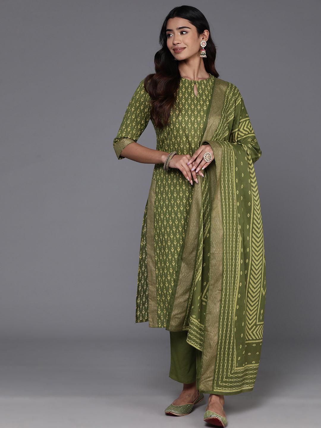 Green Printed Cotton Straight Kurta With Trousers & Dupatta - ShopLibas 