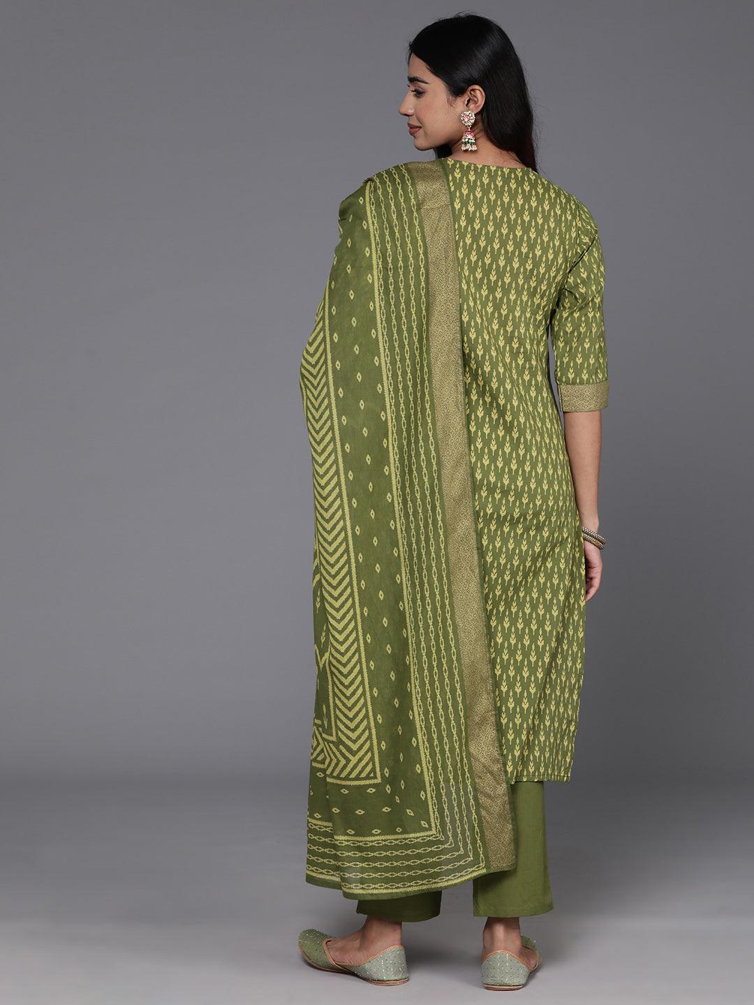 Green Printed Cotton Straight Kurta With Trousers & Dupatta - ShopLibas 