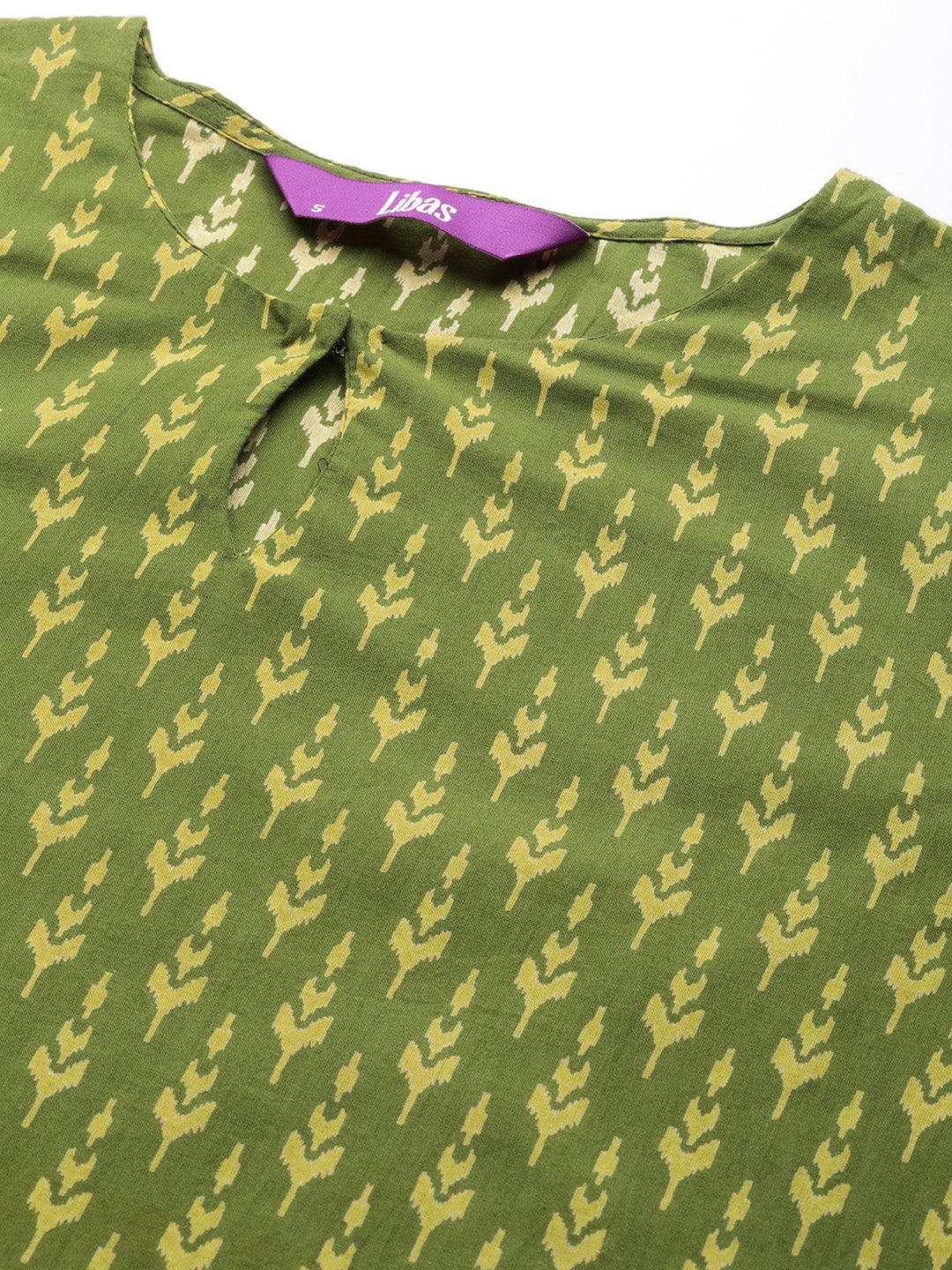 Green Printed Cotton Straight Kurta With Trousers & Dupatta - ShopLibas 