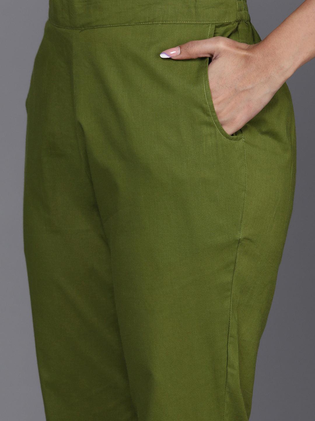 Green Printed Cotton Straight Kurta With Trousers & Dupatta - ShopLibas 