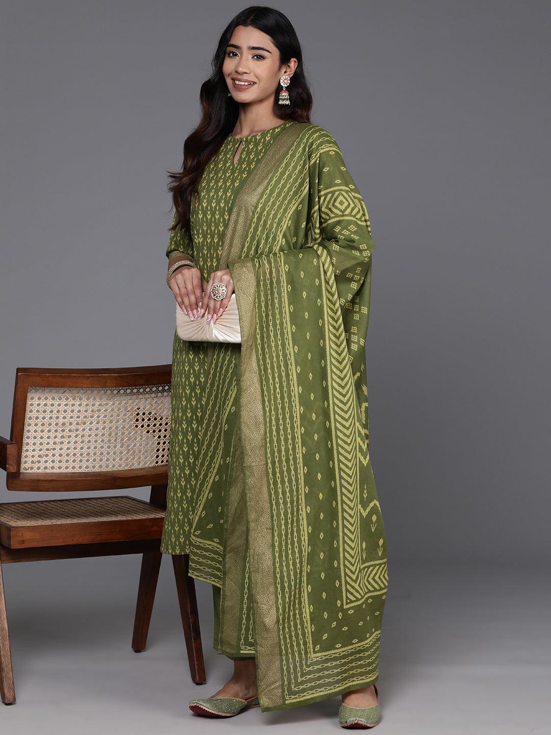 Green Printed Cotton Straight Kurta With Trousers & Dupatta - ShopLibas 