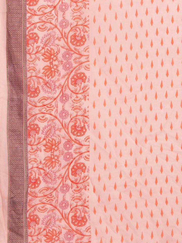 Peach Printed Cotton Straight Kurta With Trousers & Dupatta - ShopLibas