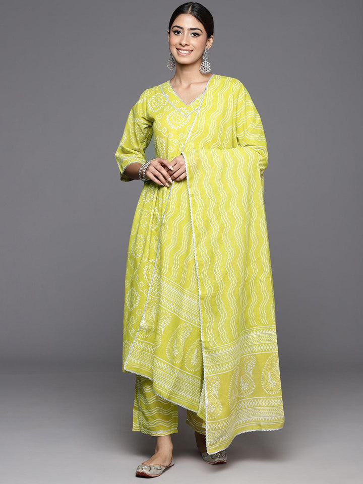 Green Printed Cotton A-Line Kurta With Trousers & Dupatta - ShopLibas