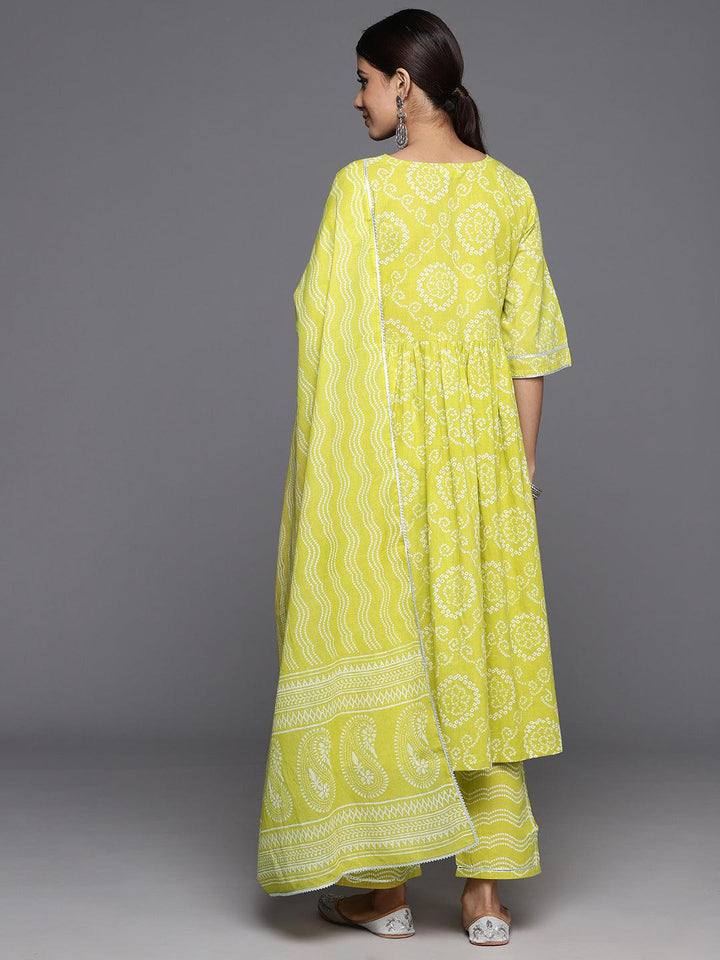 Green Printed Cotton A-Line Kurta With Trousers & Dupatta - ShopLibas