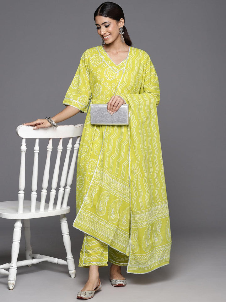 Green Printed Cotton A-Line Kurta With Trousers & Dupatta - ShopLibas