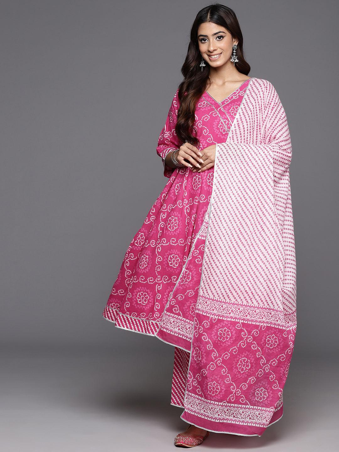 Pink Printed Cotton A-Line Kurta With Trousers & Dupatta - ShopLibas 
