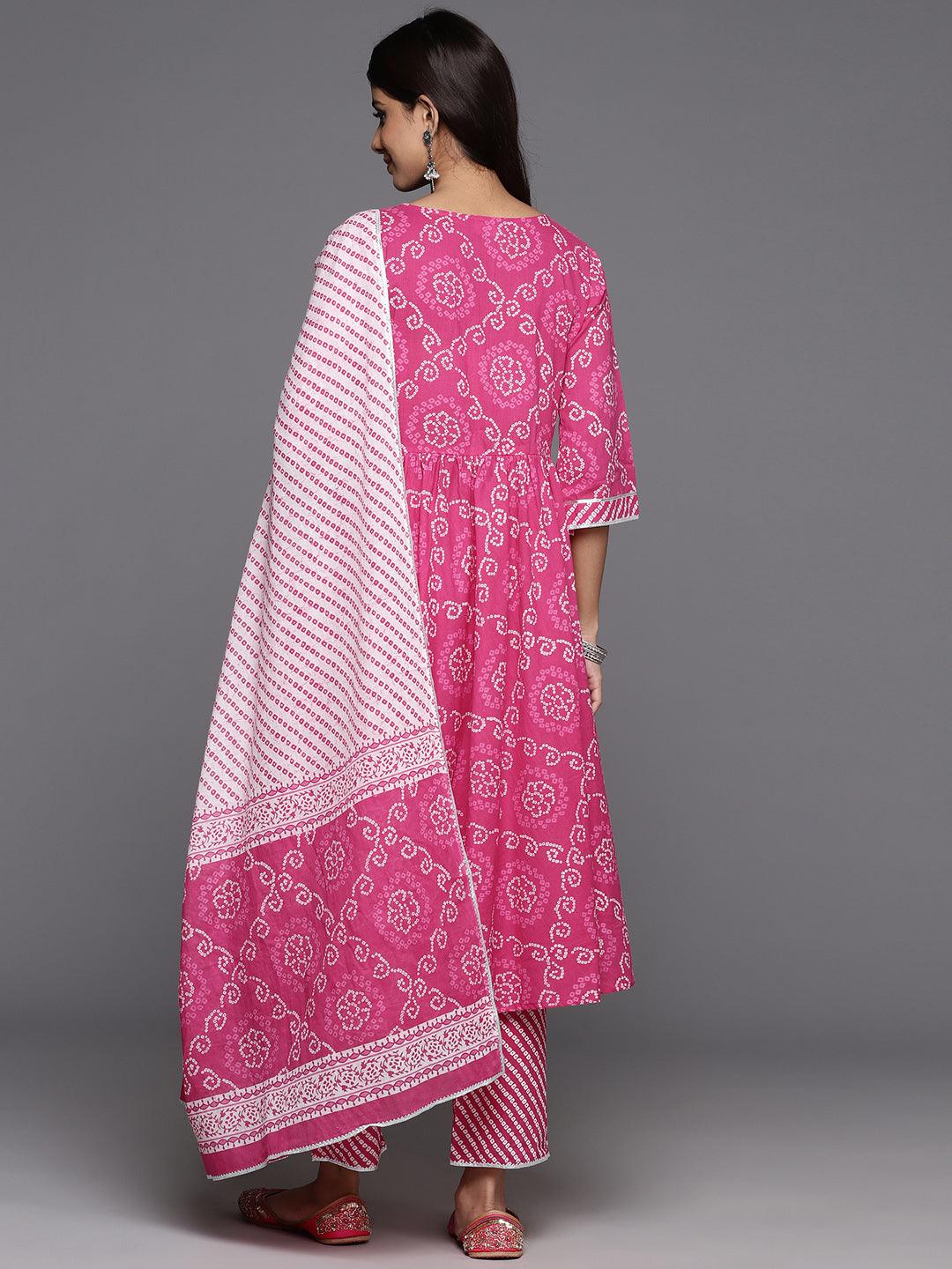 Pink Printed Cotton A-Line Kurta With Trousers & Dupatta - ShopLibas 