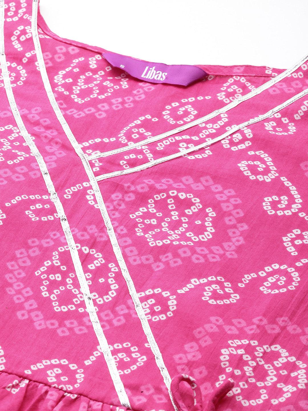 Pink Printed Cotton A-Line Kurta With Trousers & Dupatta - ShopLibas 