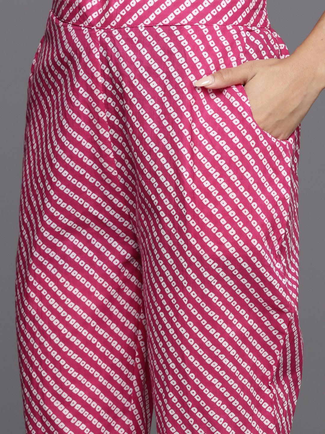 Pink Printed Cotton A-Line Kurta With Trousers & Dupatta - ShopLibas 