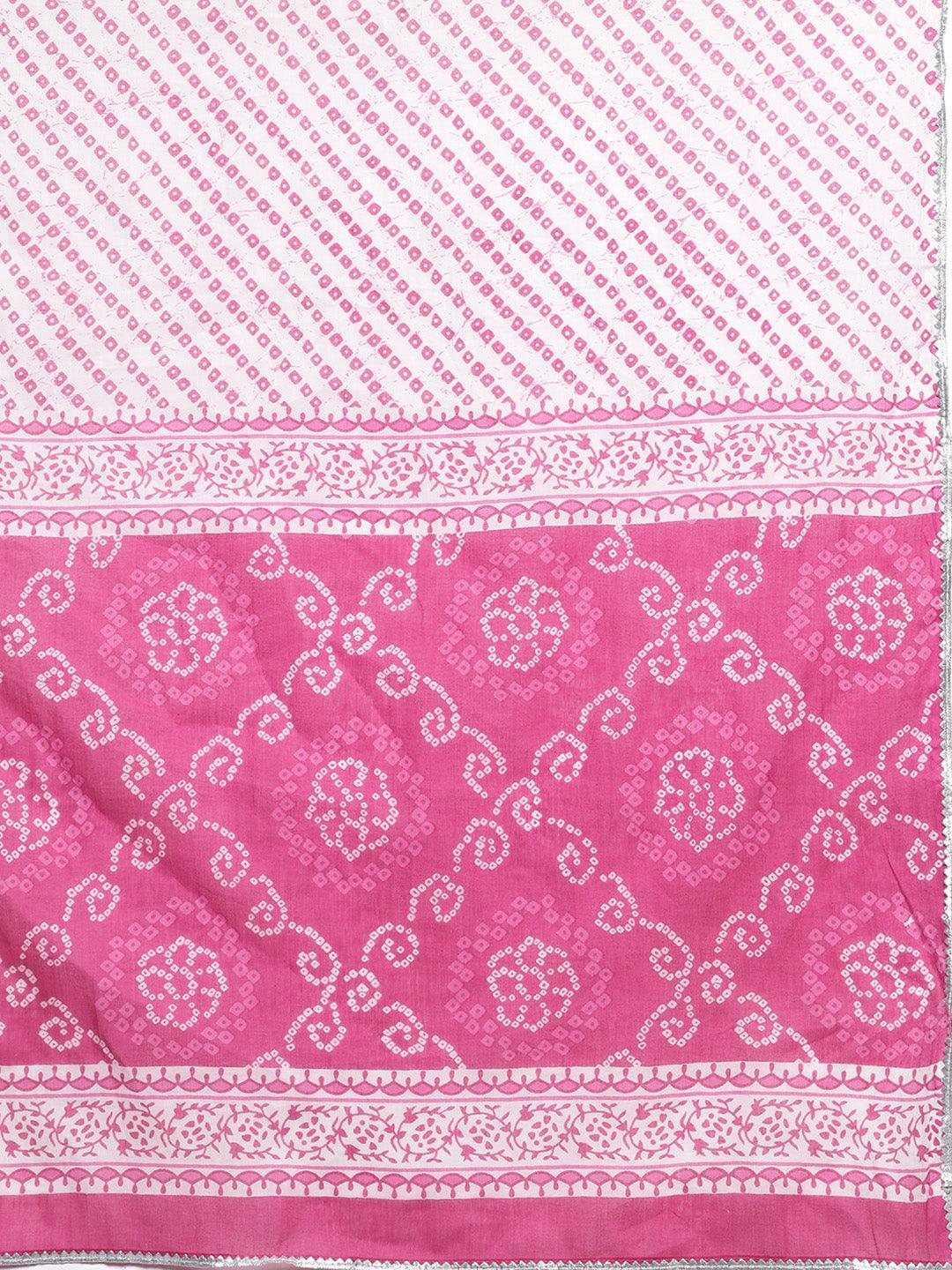 Pink Printed Cotton A-Line Kurta With Trousers & Dupatta - ShopLibas 