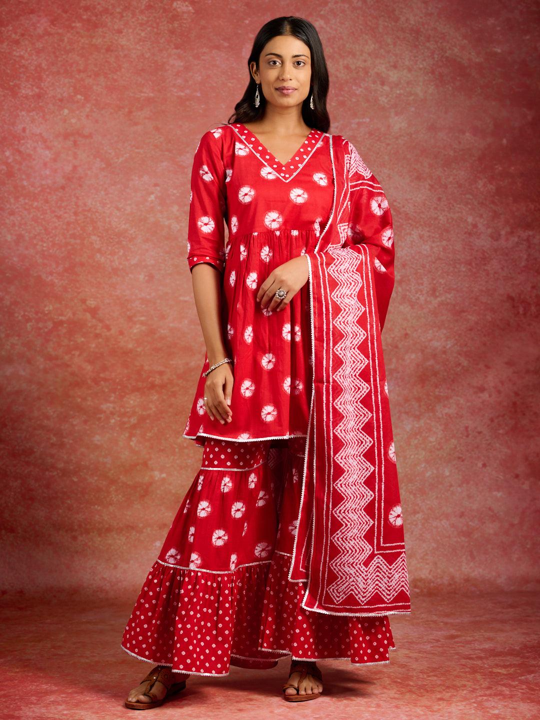 Red Printed Cotton A-Line Kurti With Sharara & Dupatta - ShopLibas