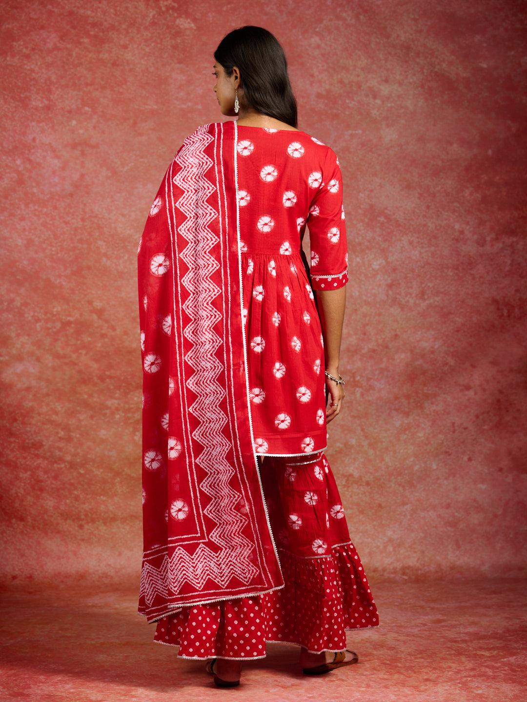 Red Printed Cotton A-Line Kurti With Sharara & Dupatta - ShopLibas