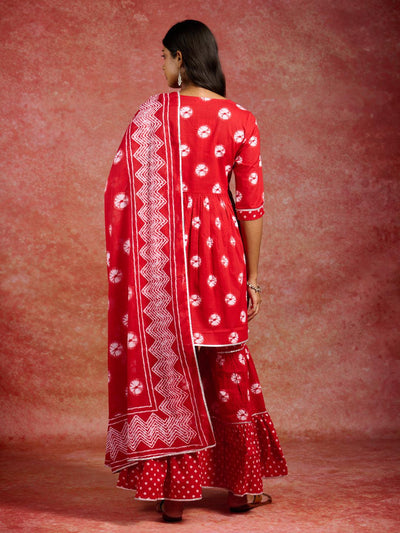 Red Printed Cotton A-Line Kurti With Sharara & Dupatta - ShopLibas