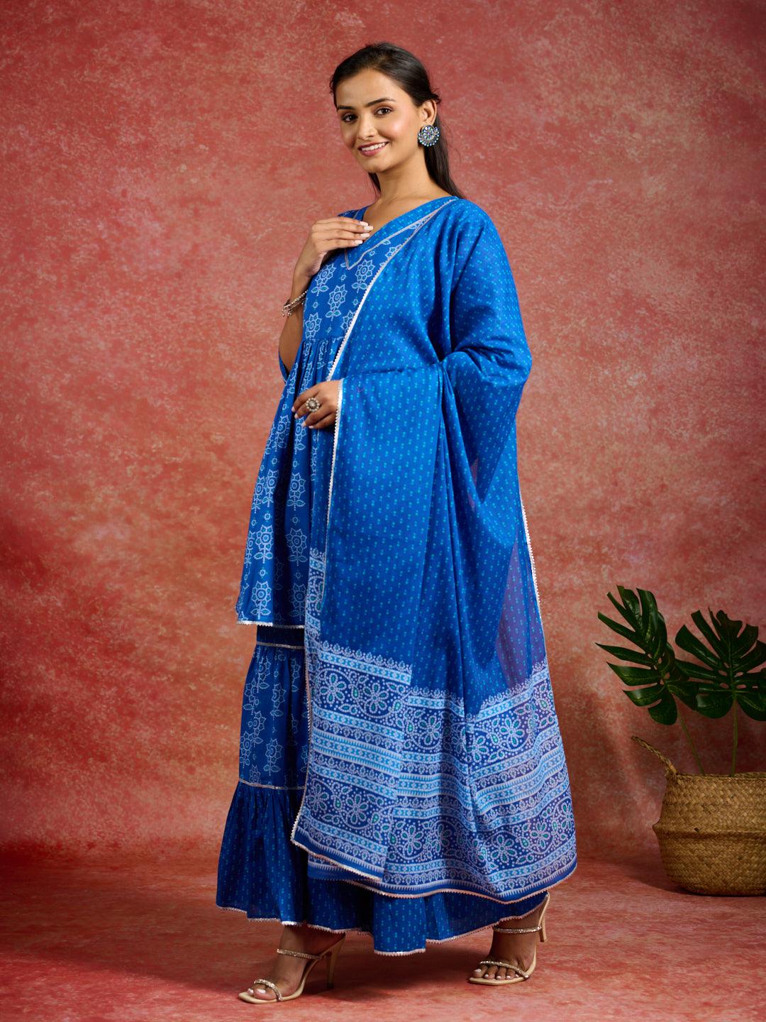 Blue Printed Cotton A-Line Kurti With Sharara & Dupatta - ShopLibas
