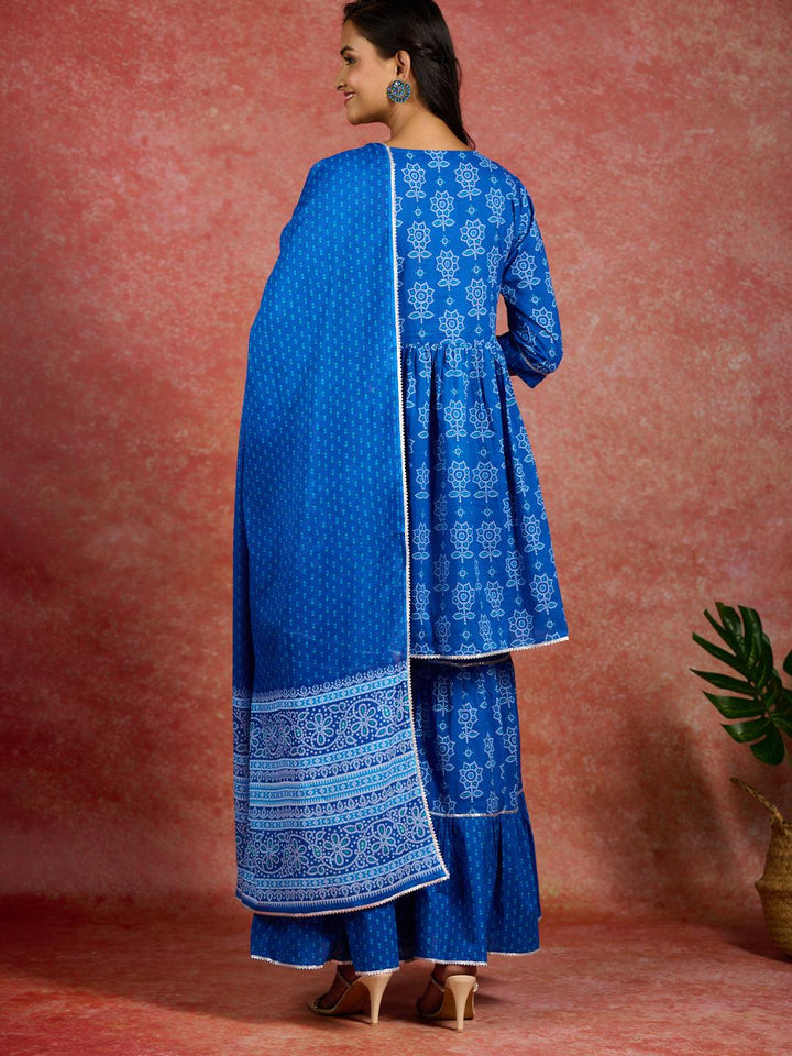 Blue Printed Cotton A-Line Kurti With Sharara & Dupatta - ShopLibas