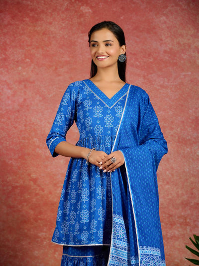 Blue Printed Cotton A-Line Kurti With Sharara & Dupatta - ShopLibas