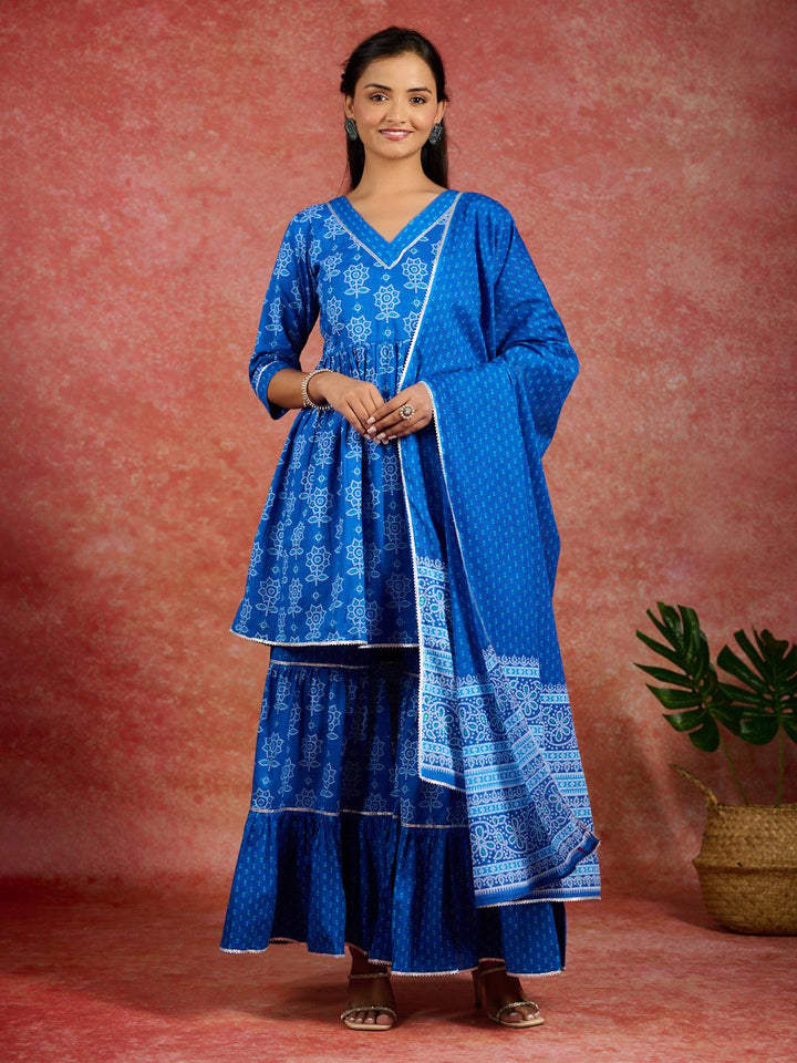 Blue Printed Cotton A-Line Kurti With Sharara & Dupatta - ShopLibas