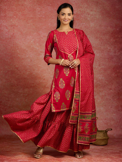 Red Printed Cotton Straight Kurta With Skirt & Dupatta - ShopLibas