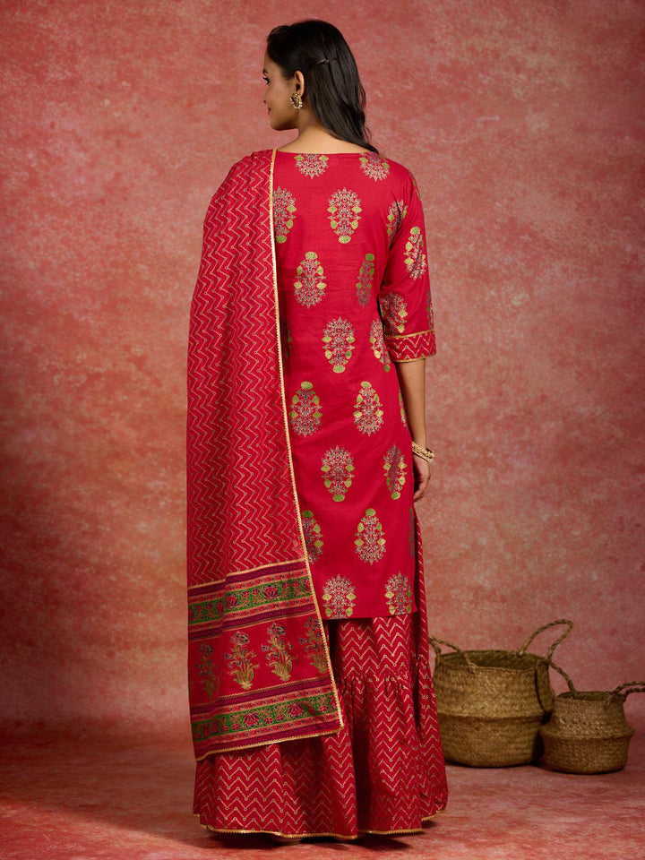Red Printed Cotton Straight Suit With Dupatta