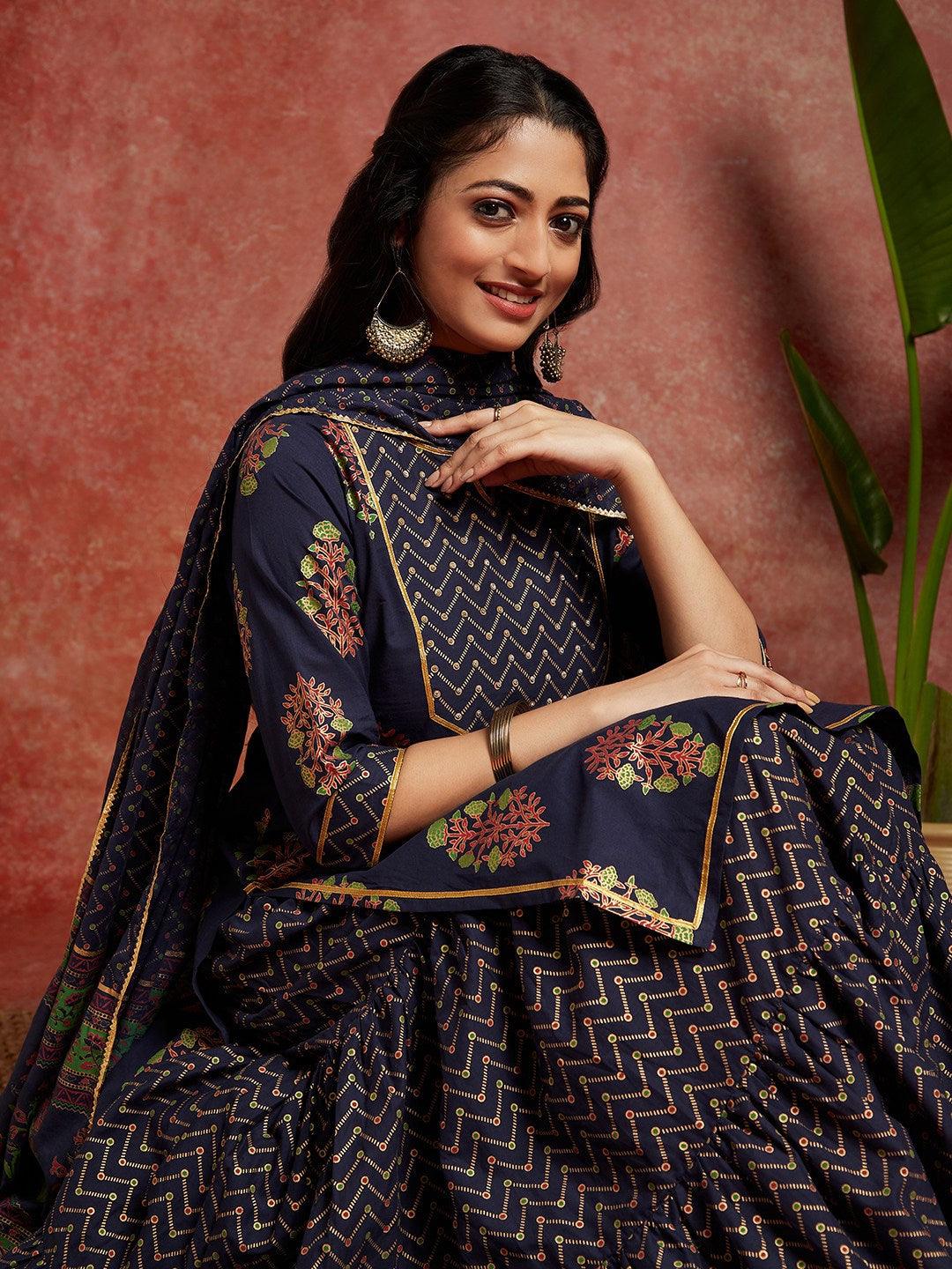 Blue Printed Cotton Straight Kurta With Skirt & Dupatta - ShopLibas