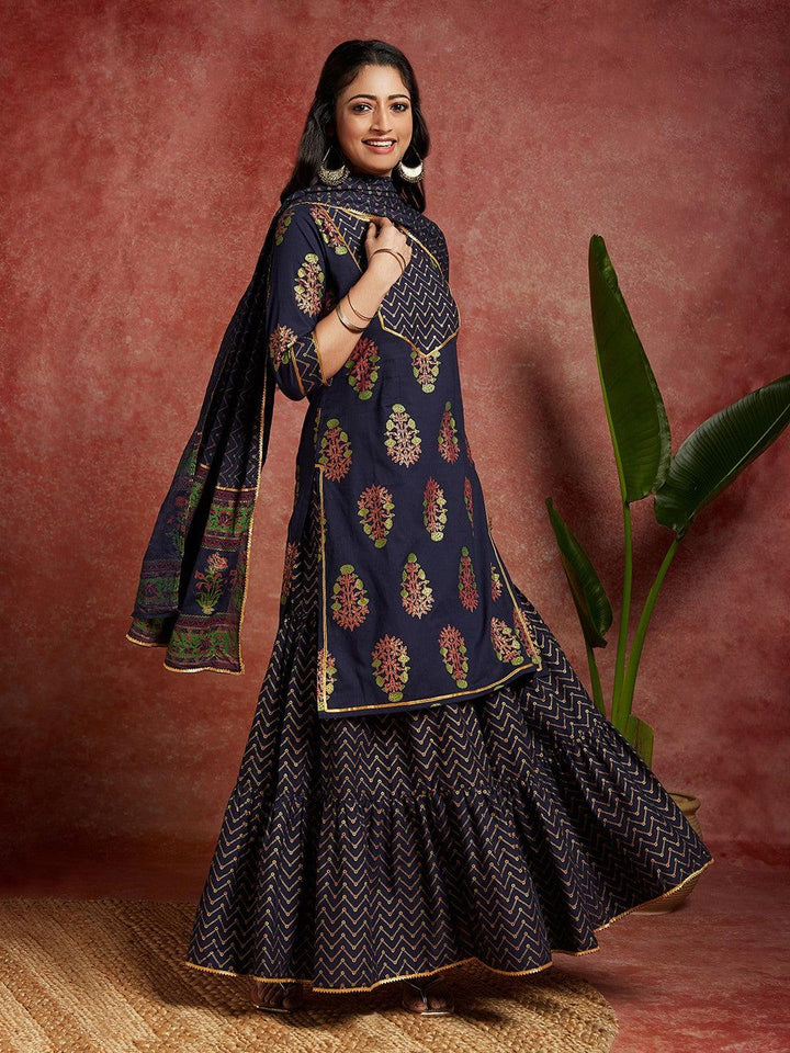 Blue Printed Cotton Straight Kurta With Skirt & Dupatta - ShopLibas
