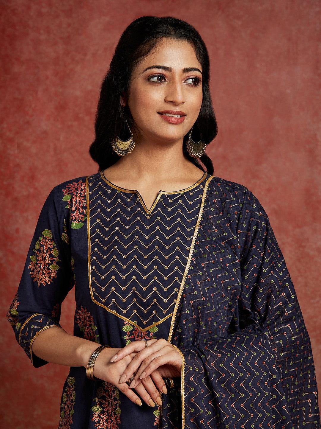 Blue Printed Cotton Straight Kurta With Skirt & Dupatta - ShopLibas
