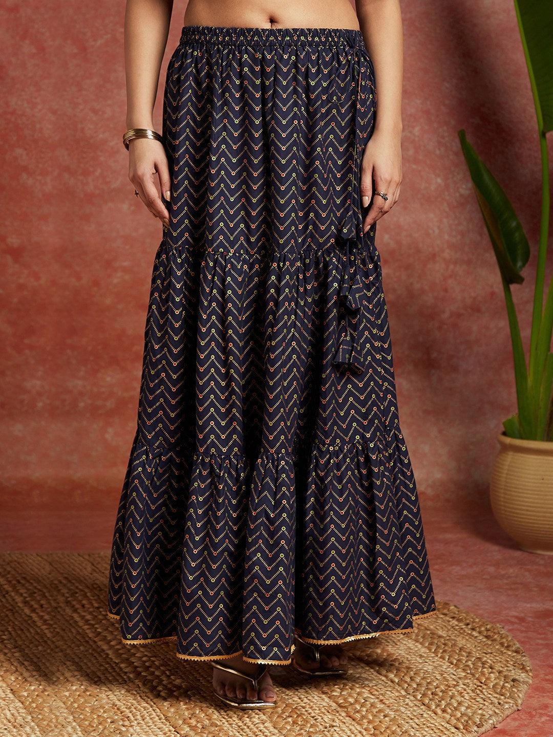 Blue Printed Cotton Straight Kurta With Skirt & Dupatta - ShopLibas