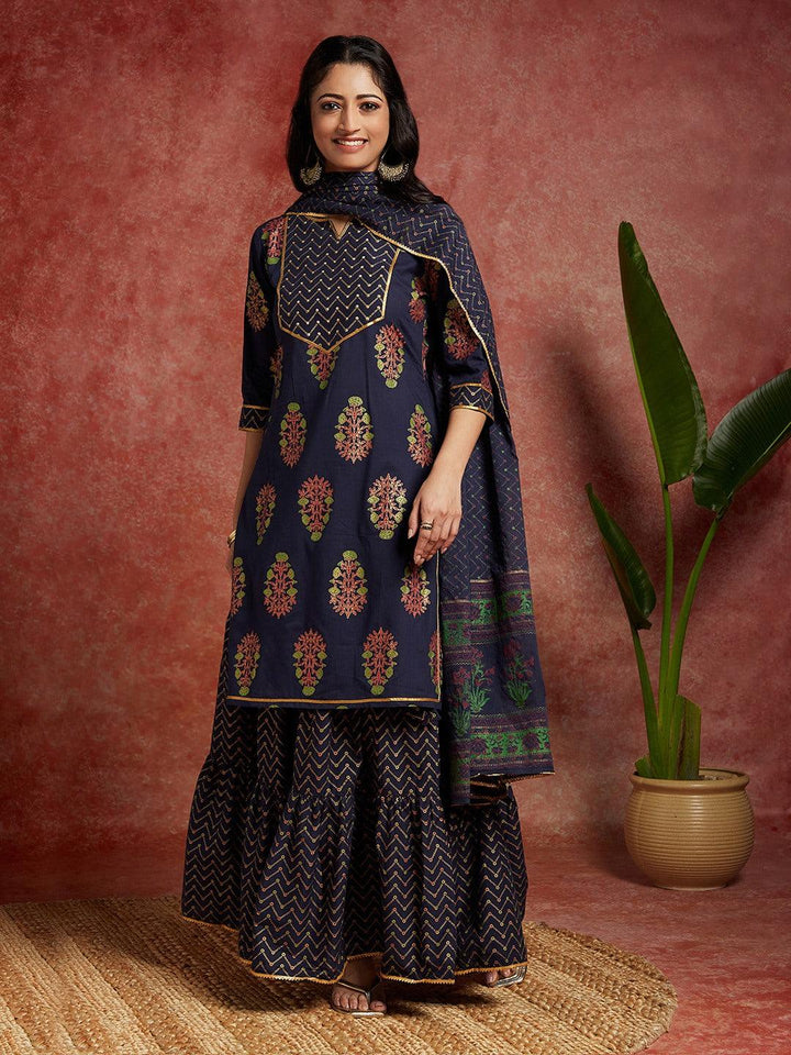 Blue Printed Cotton Straight Kurta With Skirt & Dupatta - ShopLibas