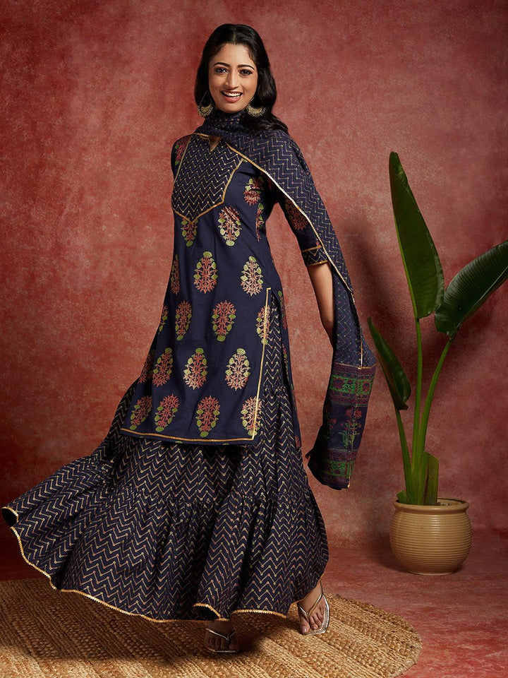 Blue Printed Cotton Straight Kurta With Skirt & Dupatta - ShopLibas