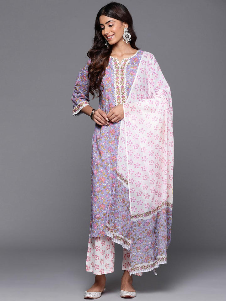 Purple Printed Cotton Straight Kurta With Palazzos & Dupatta - ShopLibas